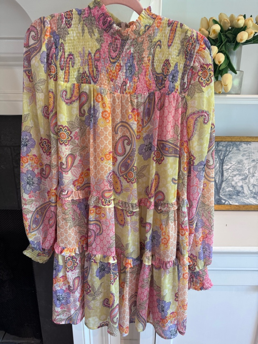 Floral Paisley Tiered Mini Dress in Pastel Multi